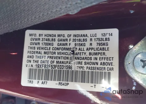 2015 Honda Civic Lx z USA, uszkodzony, nr VIN 19XFB2F53FE031598